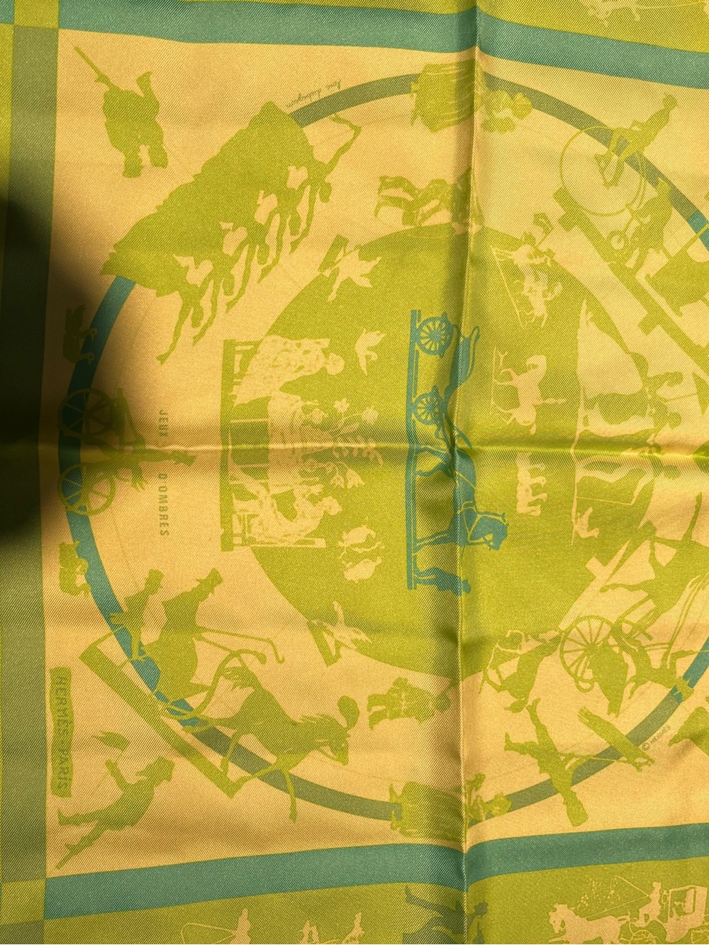 Vintage Hermes Gavrache “Jeux D’ombres” Lime & Mint Silk Neck Scarf - Picture 5 of 6